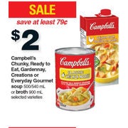 Campbell's Chunky Ready To Eat, Gardennay, Creations or Everyday Gourmet Soup or Broth - $2.00 ($0.79 off)